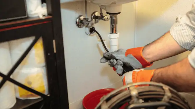 Drain cleaning technician using a motorized plumbing snake to clear a clogged sink pipe in Salt Lake City, UT