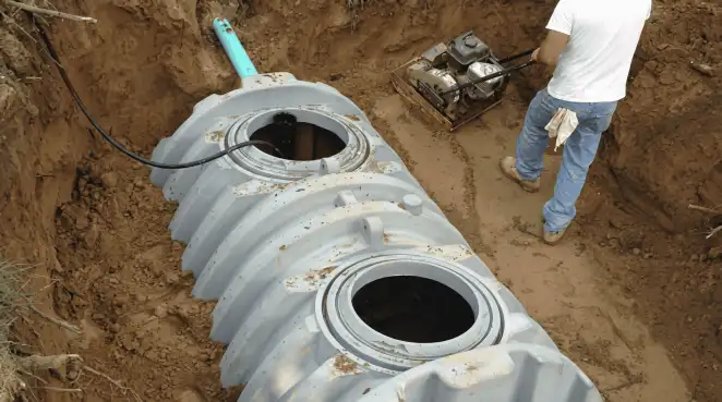 Septic tank installation showing a technician compacting soil around a new poly septic tank in an excavation pit in Salt Lake City, UT